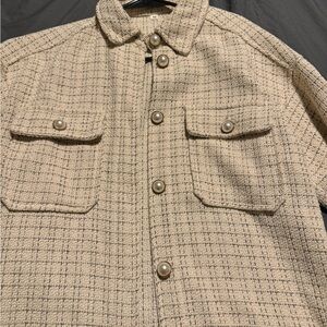 Woven plaid off-white jacket with gold and pearl buttons